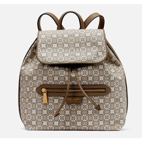 New Kate Spade Flower Monogram Coated Canvas Medium Backpack Natural Multi - Picture 1 of 5